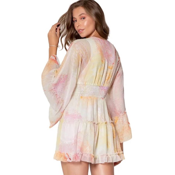 Lavender Brown mini dress V-neckline bell sleeves
tiered skirt pastel large NWT - Picture 2 of 10